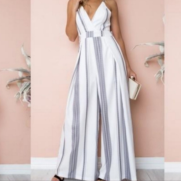 Sucrefas Pants - Bohemian Navy & White Spaghetti Strap V- Neck Jumpsuit